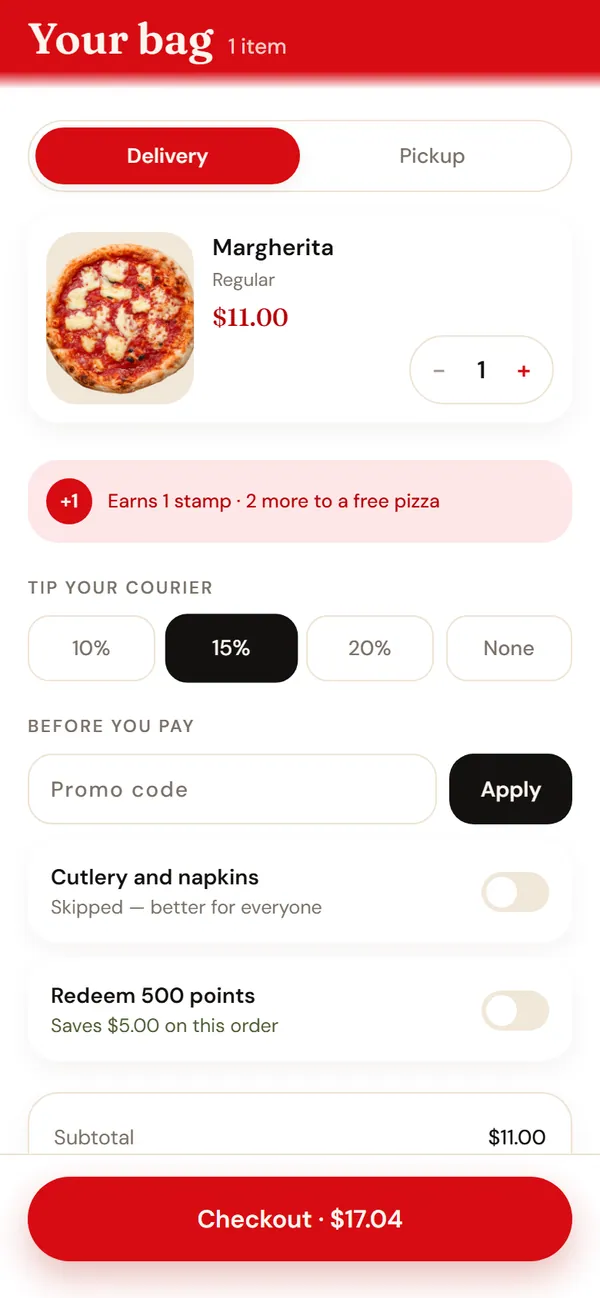 The bag: a Margherita at $11.00, a tip selector, a promo field and the checkout total.