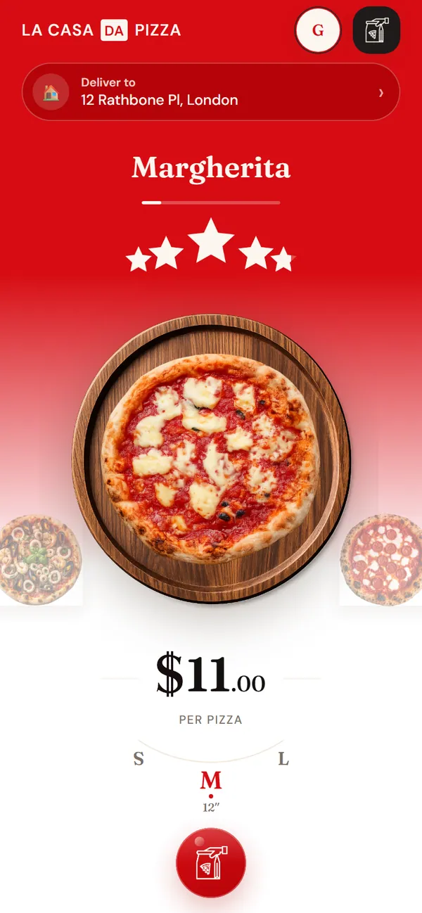 The home screen: a Margherita on a wooden board, its price, and a dial for choosing the size.